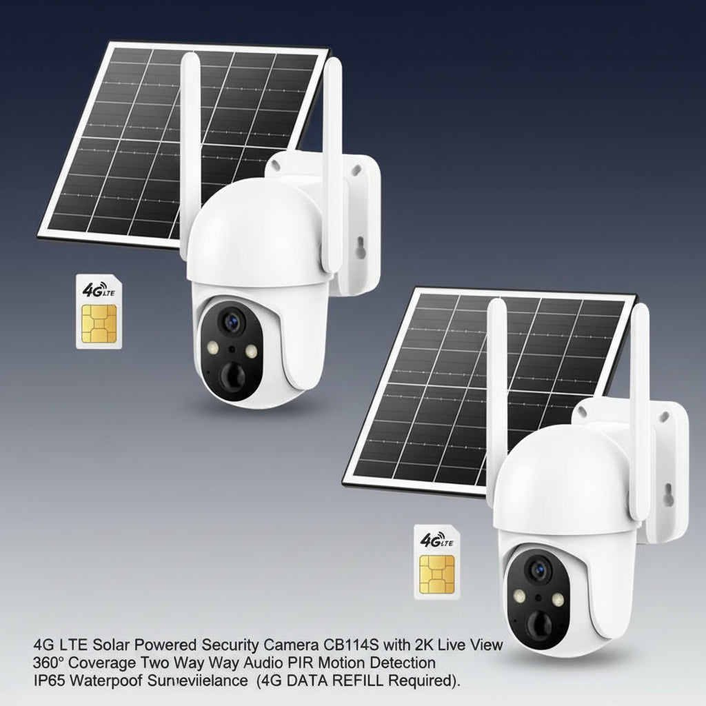 4G LTE Solar Powered Security Camera CB114S with 2K Live View 360° Coverage Two Way Audio PIR Motion Detection IP65 Waterproof Outdoor Surveillance(4G DATA REFILL Required)