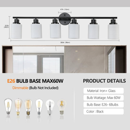 Vanity Light Fixture | 4/5/6/8-Light Bathroom Wall Sconce with Frosted White Glass & Iron Frame — Black, Chrome or Gold, 4 Sizes