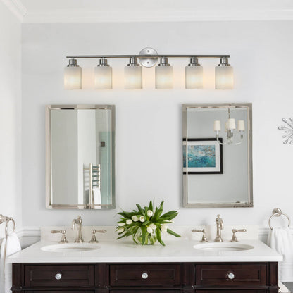 Vanity Light Fixture | 4/5/6/8-Light Bathroom Wall Sconce with Frosted White Glass & Iron Frame — Black, Chrome or Gold, 4 Sizes