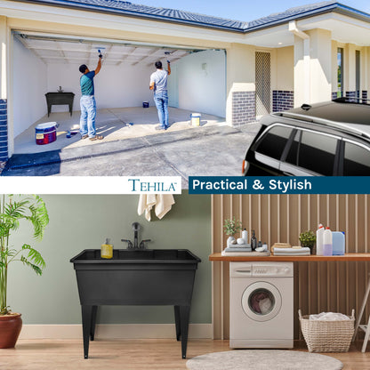 Tehila Freestanding Double-Wide Black Utility Sink with Steel Legs & Black Pull-Out Faucet, Multi-Purpose Heavy-Duty Laundry Tub and Kitchen Sink for Homes & Business