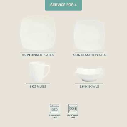 16 Pieces - White Square Porcelain Dinnerware Set - Service for 4