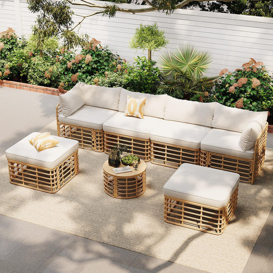 7 Pieces Outdoor Patio Furniture, All-Weather Rattan Sectional Sofa Set with