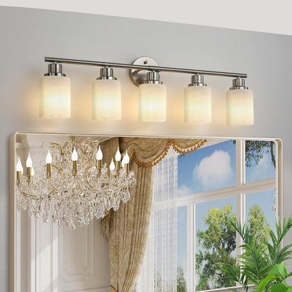 Vanity Light Fixture | 4/5/6/8-Light Bathroom Wall Sconce with Frosted White Glass & Iron Frame — Black, Chrome or Gold, 4 Sizes